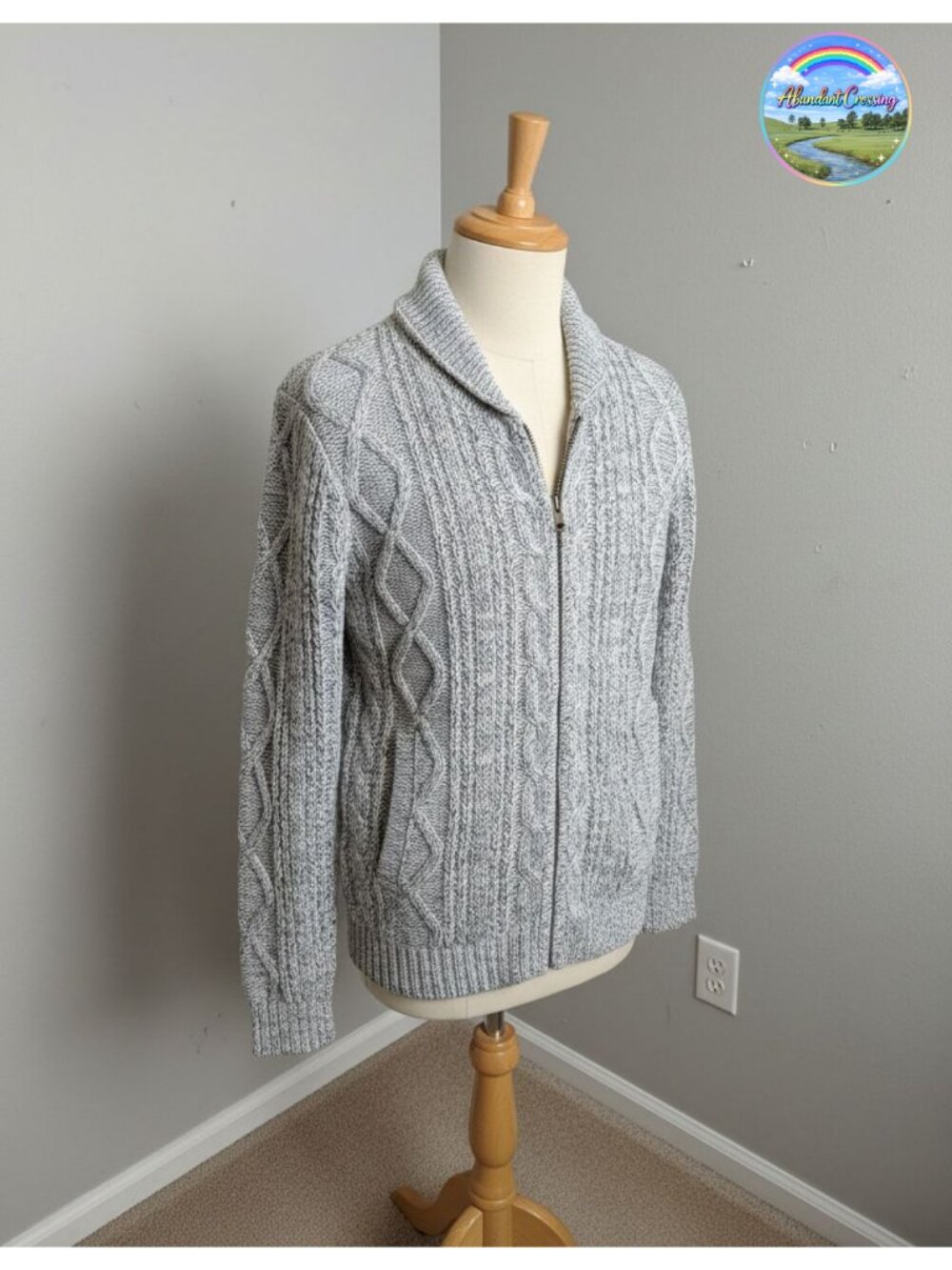 Mens Cable Knit Shawl Collar Zip Up Cardigan Sweater Acrylic